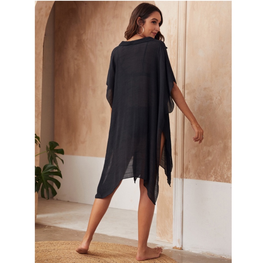 Black Beach Coverup Poncho Style Shirt - Picture 4 of 11